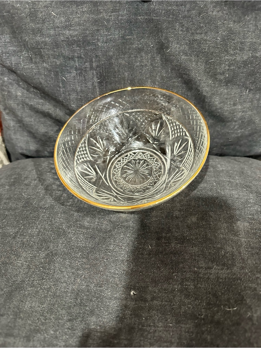 Vintage Cut Glass Bowl Gold Rim Starburst Candy or Nut Dish
